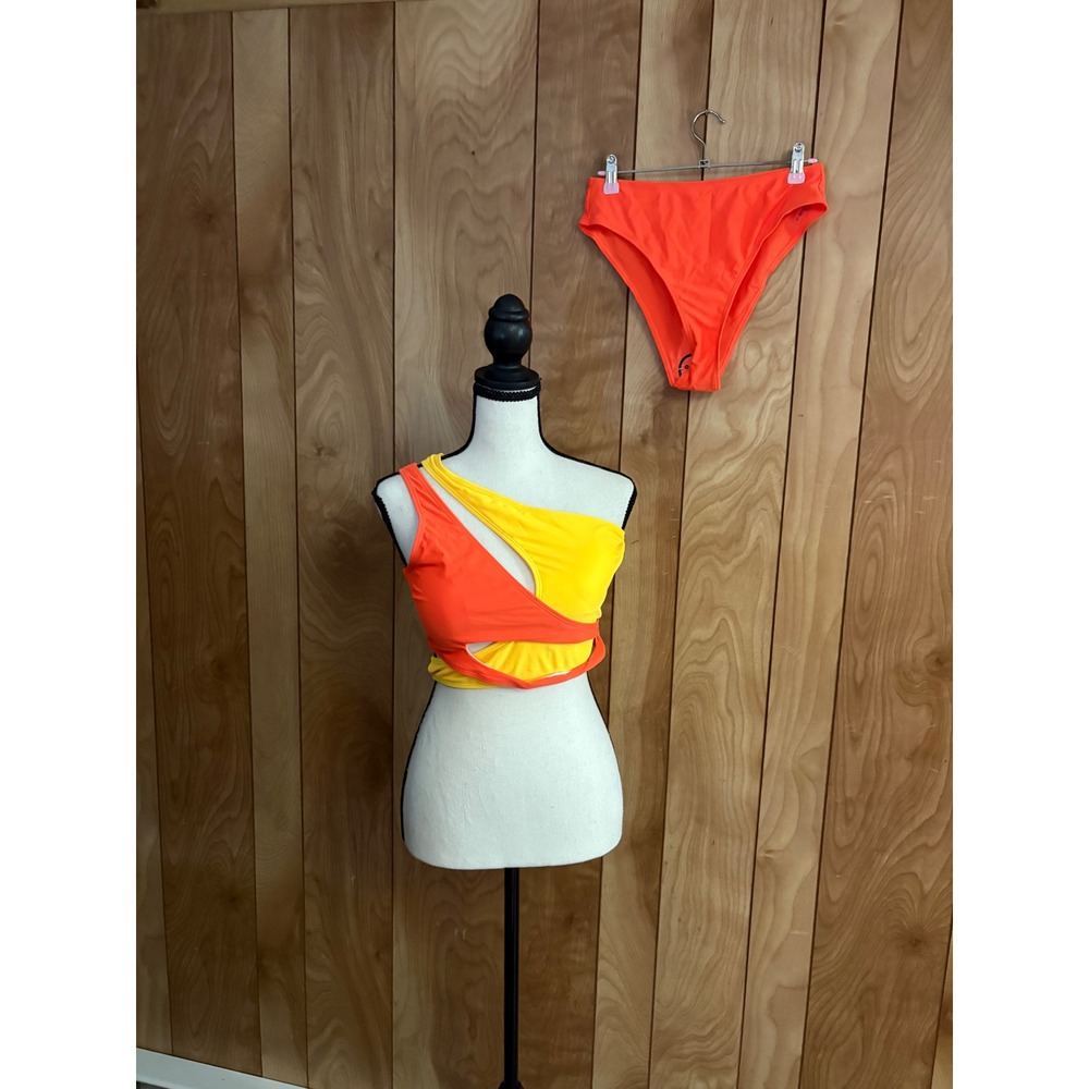 Orange Yellow Colorblock Cutout One Shoulder Bikini Set High Waist Swimsuit M